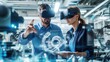 © ProstoSvet - man and a woman working with virtual reality equipment in a high-tech manufacturing environment. working on an engineering or design project using VR