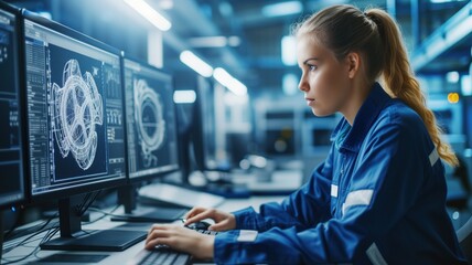 female engineer or technician analyzing complex data on a computer screen with 3D models and diagrams