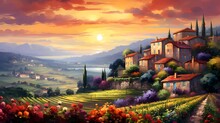 Panoramic View Of The Tuscan Countryside In Italy At Sunset