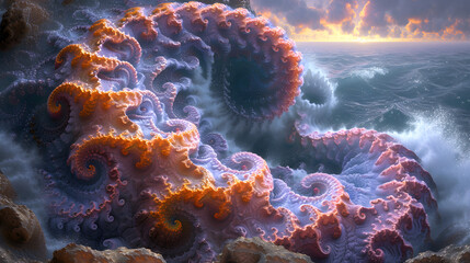 Wall Mural - A Painting of an Ocean Wave With Orange and White Swirls Fractal
