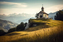 A Serene Landscape Featuring A Small Chapel On A Hill, With Majestic Mountains And A Golden Field In The Background, Ai Generative