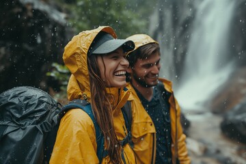 Canvas Print - a man and woman are wearing rain jackets by a waterfall