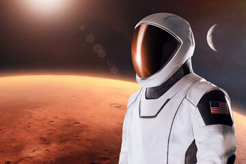 Wall Mural - astronaut in outer space on background of the mars. elements of this image furnished by nasa.