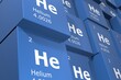 Helium, 3D rendering of cubes of symbols of the elements of the periodic table, atomic number, atomic weight, name and symbol. Education, science and technology. 3D illustration