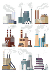 Wall Mural - Icon set of industrial factory. Manufactory industrial buildings refinery factorys or nuclear power stations. Complex of chemical plants buildings isolated on white background