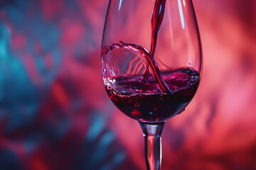 Red wine poured into a clear glass against a plain color background. elegance and rich colors