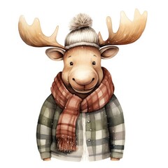 Wall Mural - Watercolor illustration of a cute moose wearing a knitted hat, scarf and jacket on a white background.