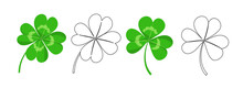 Icons Of Clover With Four And Three Leaves. Lucky Shamrock, Symbol Of Ireland And St.Patrick Day. Green And Outline Icons Of Clovers With 3 And 4 Leaves, Vector Set Isolated On White Background