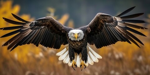 animal wildlife photography - bald eagle (haliaeetus leucocephalus) with wings flying wide open, gen