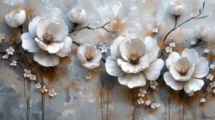 Wall Mural - Abstract artwork including textures and white flowers. Generative Ai.