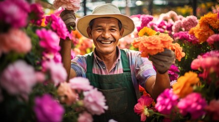 Enthusiastic horticulturist among vibrant flowers nurturing blossoms with dedication