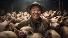 In Pigsty Exuberant Pig Farmer Smiles Gently With Roaming Pigs Of Various Sizes