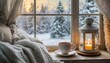 © Ruslan - A warm cup of coffee by the window with a view of the snow falling outside. seamless looping virtual video animation background.