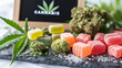 Cannabis Gummies and Buds Display.
Assorted cannabis edibles and buds on display with label.