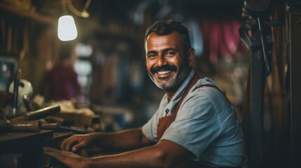 Wall Mural - Craftsmanship evident in carpenter's warm smile skilled artisan