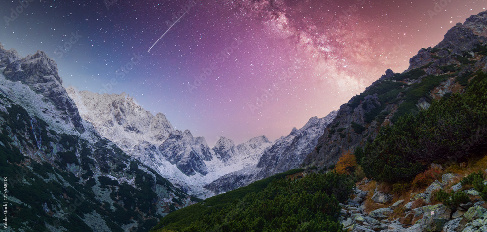 Snow-capped mountain peaks under starry night sky with visible Milky ...