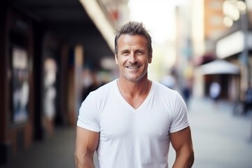 Wall Mural - Portrait of handsome mature man standing in city street smiling at camera