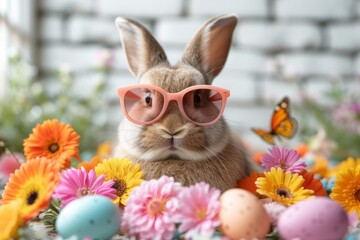 Easter Celebration Card with Easter Bunny in pink heart sunglasses.