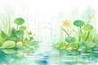 Artistic drawing of a pond teeming with vibrant, green life , cartoon drawing, water color style