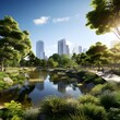 Japanese garden in Tokyo, Japan. Panoramic view of the city.