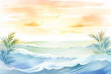 Glistening Waves Under A Radiant Sun On An Exotic Bay , Cartoon Drawing, Water Color Style