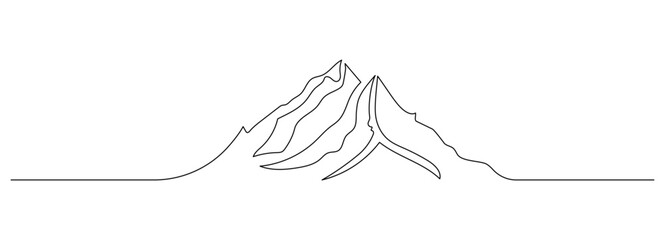 Poster - One continuous line drawing of mountain range landscape. Abstract web banner with mounts in simple linear style. Winter sport concept editable stroke. Doodle outline vector illustration