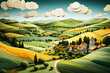 3D illustration Farm, panoramic landscape, nature low poly,  generative ai