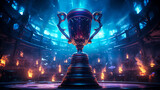 Fototapeta  - Futuristic neon-lit trophy cup center stage with dynamic lighting in an e-sports arena, symbolizing victory, achievement, and competitive excellence