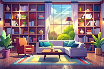 Sticker - modern living room interior design with bookshelf