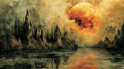 Canvas Print - A painting of a large orange moon over the water, AI