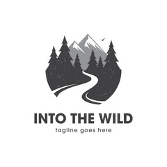 Wall Mural - logo with mountains, forest and river. adventure, travel and hiking symbol.