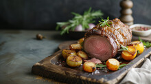 Delicious Lean Rare Roast Beef Seasoned With Fresh Herbs And Rosemary And Carved Ready To Serve With Golden Roast Potatoes On Rustic Wood Board And Dark Grey Background.