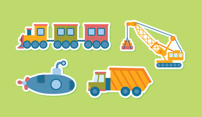 Wall Mural - Cartoon Color Toys Equipment Kids Sticker Set Concept Flat Design Style Truck, Train and Submarine. Vector illustration of Transport Patch