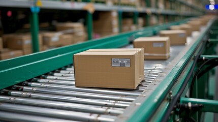 Wall Mural - Close up of cardboard box packages moving on conveyor belt in warehouse facility