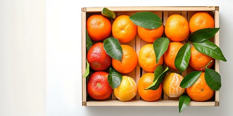 Fresh citrus fruits in a wooden crate isolated on white background. top view of oranges and tangerines. healthy eating concept. AI