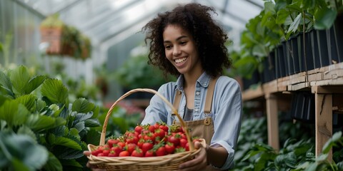 Canvas Print - Smiling woman holding a basket of fresh strawberries in a greenhouse. casual gardener showcasing organic produce. lifestyle image. AI