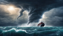 Tornado Over Sea Dramatic Cloudscape Image With Transport Ship. Power Of Nature Concept Image. Art Photography Style With Atmospheric Mood.