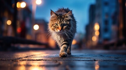 A cute cat is walking on a big city street at night. 
