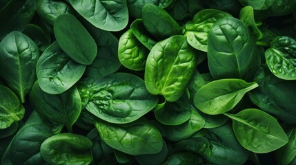 Top view on fresh organic spinach leaves, water drops, full area. Healthy green food 