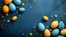 Happy Easter Greeting Card With Copy Space. Colorful Easter Eggs With Spring Flowers On Dark Blue Background. Generative AI