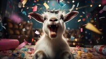 Goat Happy Cute Animal Friendly Goat Wearing A Party Hat Celebrating Fancy Newyear Or Birthday Party Festive Celebration Greeting With Bokeh Light And Paper Shoot Confetti Surround Party