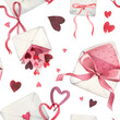 © lunata - Hand drawn watercolor pink bows, love envelopes and hearts. Seamless pattern. Valentines design for romantic invitations design, coquette core, girls decor