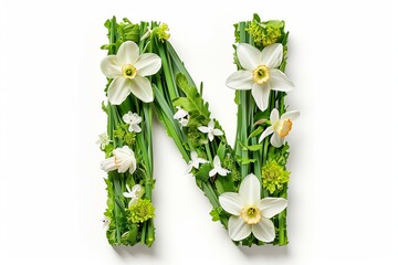 Wall Mural - 3d modern style narcissus flower letter  n  isolated on white background   floral alphabet concept