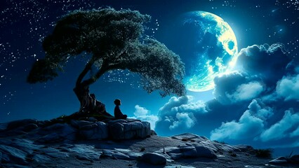 Wall Mural - a little boy sitting under a tree and looking at the beautiful moon and stars. seamless looping time-lapse virtual 4k video animation background.