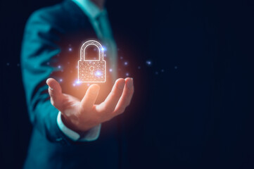 Wall Mural - Cybersecurity and privacy concepts to protect data. Businessman holding virtual padlock icon in concept of cyber security privacy information in network technology