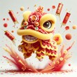 red and yellow pastel peach blossom petals shaped into a funny Beautiful chinese lunar new year lion dancing with firecrackers splash