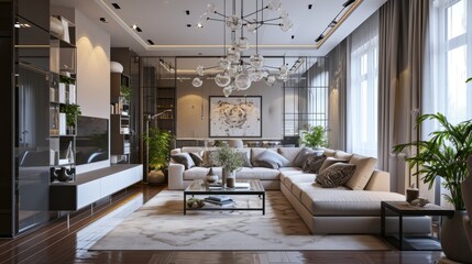 A quiet luxury living room is glam, shiny mirrored or  quiet luxury style living rooms are filled with warmth collected accents plush seating soft rugs layered lighting home interior