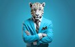 man folding hands career concept wearing vest mask polygonal leopard isolated blue background. generative ai