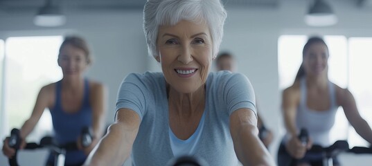 Wall Mural - Energetic senior woman with gray hair cycling with group on indoor exercise bike in gym