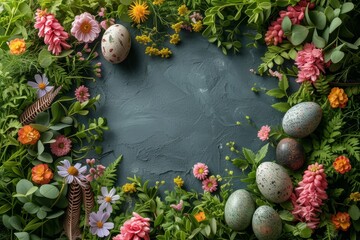 Poster - A visually striking arrangement of flowers and eggs arranged in a circular formation. Colorful floral Easter frame with Easter Eggs. 